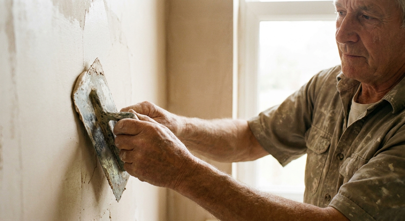Gipserarbeiten: Wand wird mit Kelle verputzt