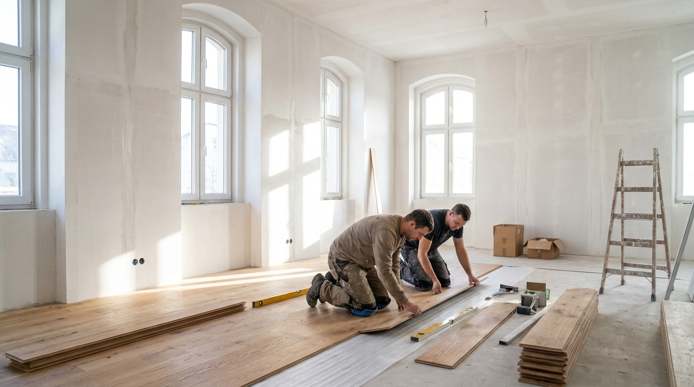 Renovation eines Wohnraums mit frisch verputzten Wänden und neuem Parkettboden