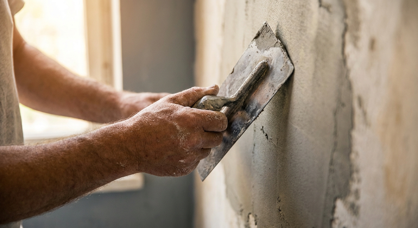 Handwerker glättet eine Wand mit einer Kelle