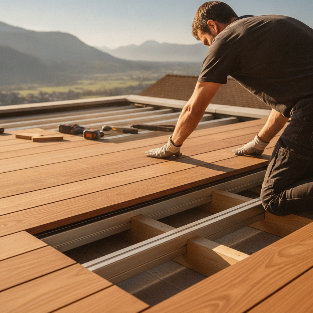 Handwerker verlegt Terrassendielen aus Holz auf sichtbarer Unterkonstruktion