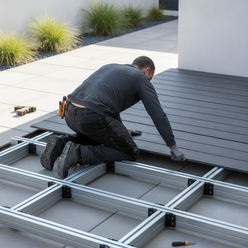 Handwerker verlegt Terrassendielen aus WPC auf sichtbarer Unterkonstruktion